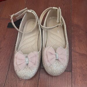 Gold Glitter Kids Shoes with Pink Bow